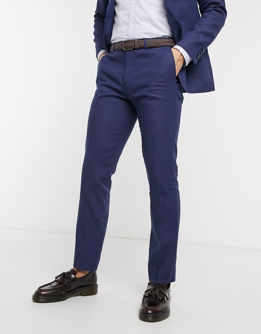 Lockstock – Marinblå kostymbyxor i linnetyg med smal passform