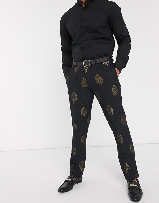 Lockstock Miguel jaquard suit trouser in black and gold