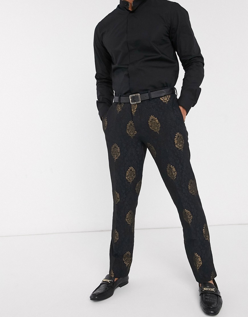Lockstock - Miguel - Pantaloni da abito in jacquard nero e oro