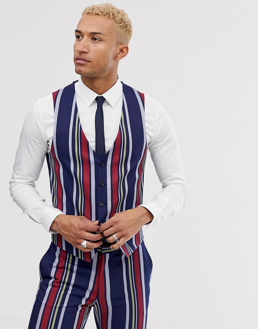 Lockstock skinny waistcoat in bold stripe-Navy