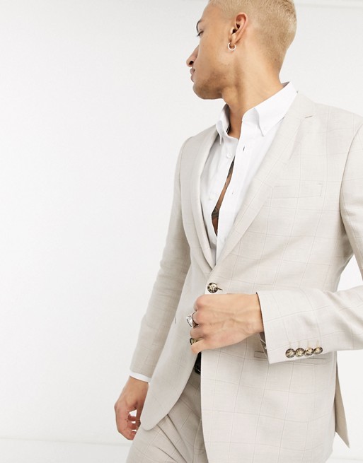 Lockstock slim fit suit jacket in linen ecru check