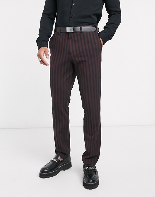 Lockstock Warwick stripe suit trouser in burgundy