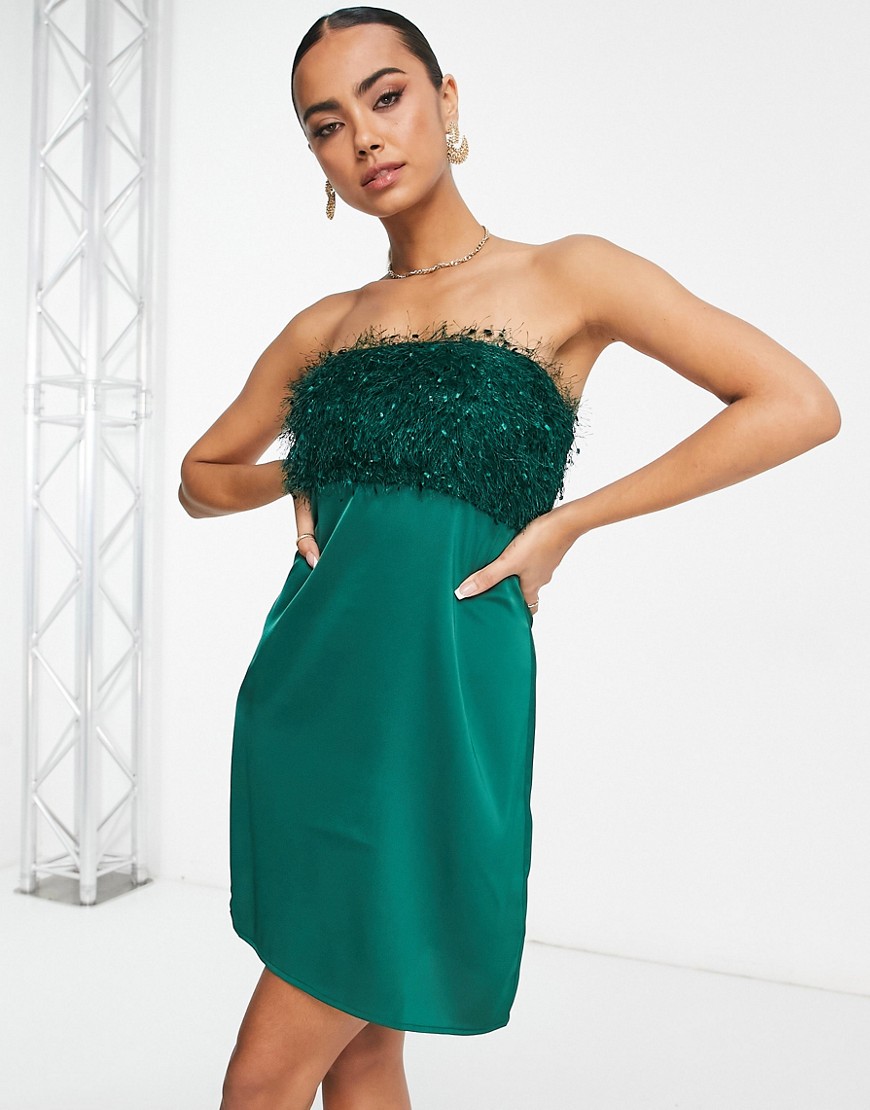 bandeau mini dress with tinsel detailing in green