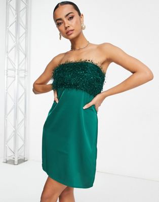 Lola May bandeau mini dress with tinsel detailling in green