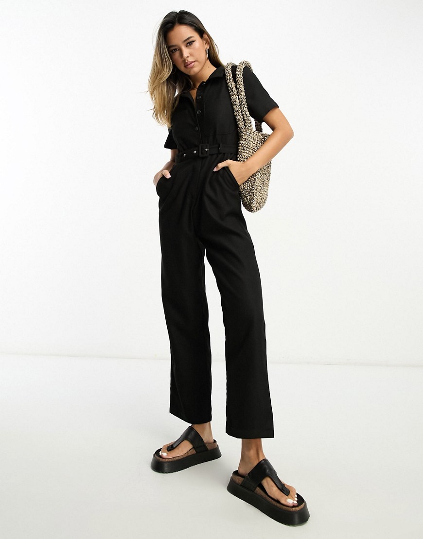 Lola May belted wide leg jumpsuit in black
