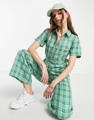 Lola May belted wide leg jumpsuit in green check - ASOS Price Checker