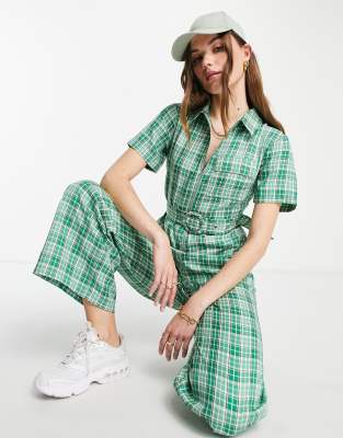 Lola May belted wide leg jumpsuit in green check - ASOS Price Checker