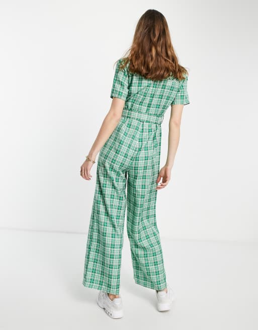 Green cheap plaid jumpsuit