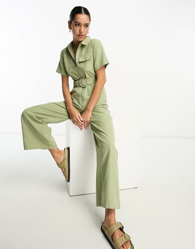 Lola May belted wide leg jumpsuit in sage green