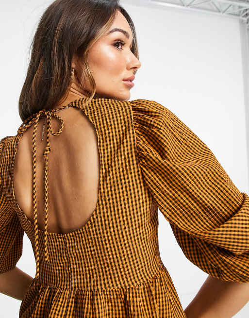 Lola May - Blouse met gingham ruit en open achterkant in bruin, 4 van 4