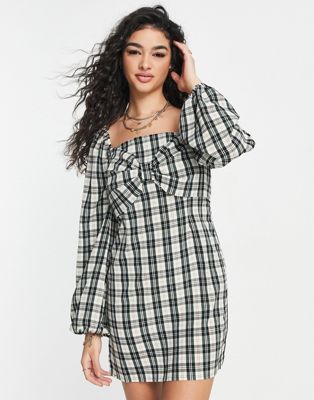 bow front balloon sleeve dress in check-Multi