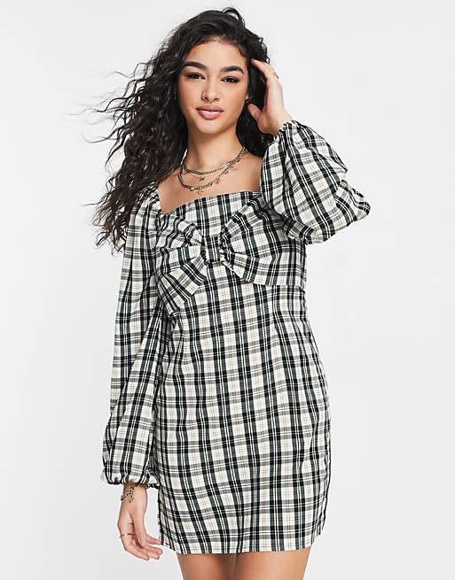 Lola May bow front balloon sleeve dress in check