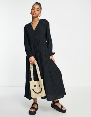 Lola May button front tiered maxi dress in black
