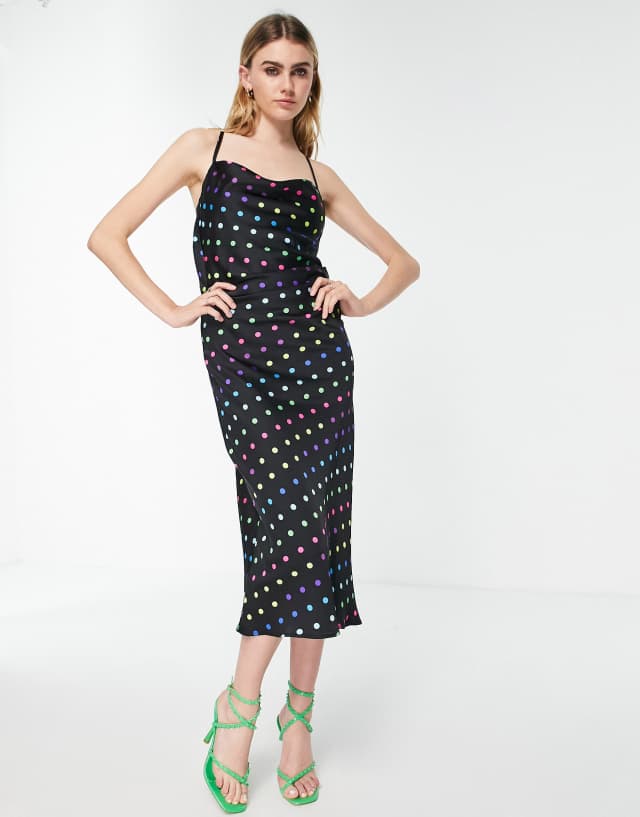 Lola May cami midi dress with cross back in multi polka dot