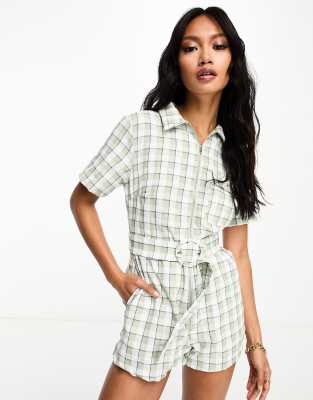 Lola May Lola May collared playsuit with belt in sage check-Green