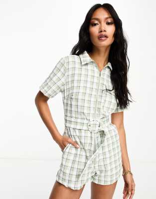 Lola May collared playsuit with belt in sage check