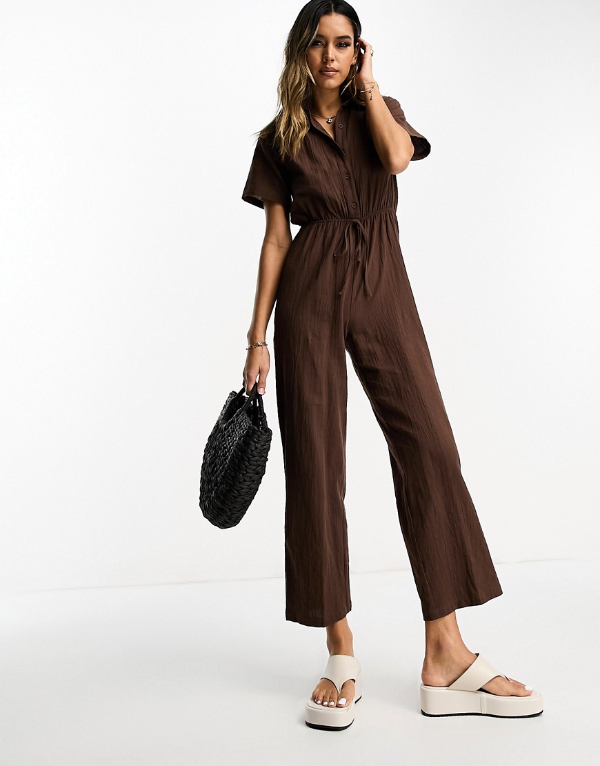 Lola May Collared Tie Waist Jumpsuit In Chocolate Brown