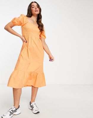 Lola May cotton poplin smock dress in orange