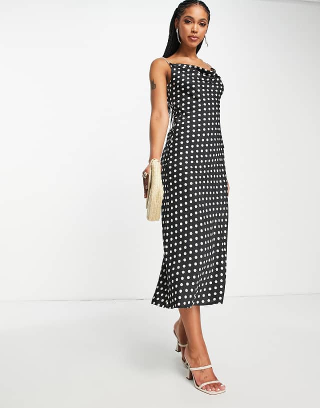 Lola May cowl neck midi dress with diamante straps in polka dot