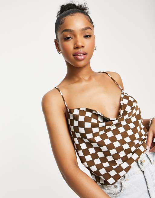 Lola May - Crop top met gedrapeerde halslijn en kruisbandjes aan de achterkant in geblokt