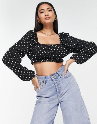 Lola May cropped puff sleeve blouse in polka dot