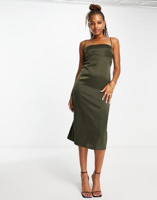 Lola May cross front strap satin midi dress in khaki