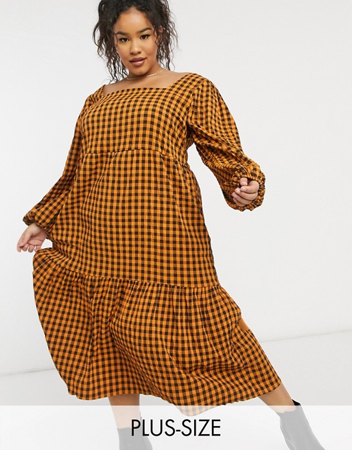 Lola May Curve tiered smock dress in orange check