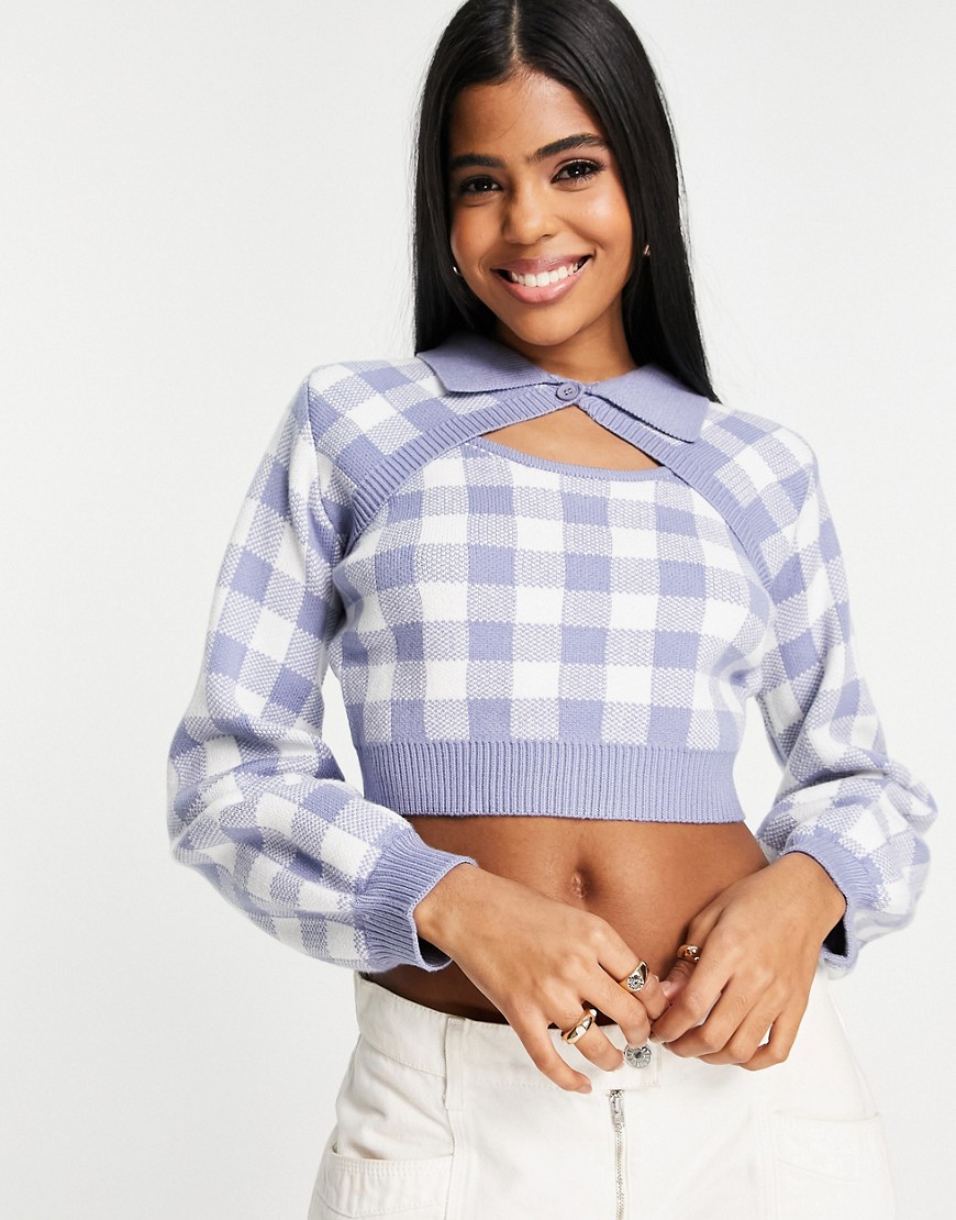 Lola May cut-out cropped sweater in check-Blue