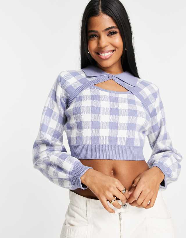 Lola May cut-out cropped sweater in check