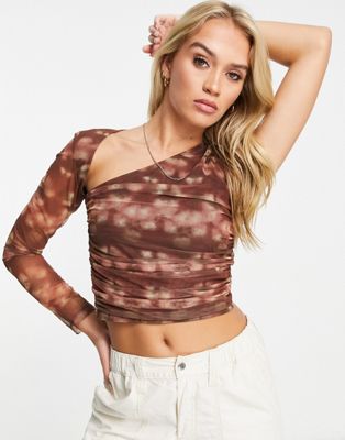 Lola May cut out front ruched mesh crop top in brown abstract print