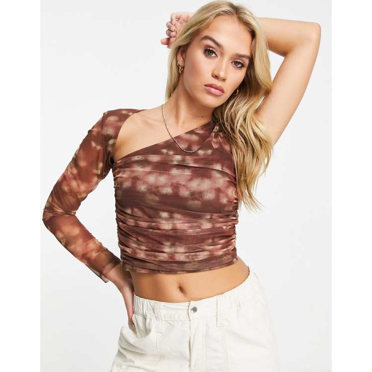 Lola May cut out front ruched mesh crop top in brown abstract print