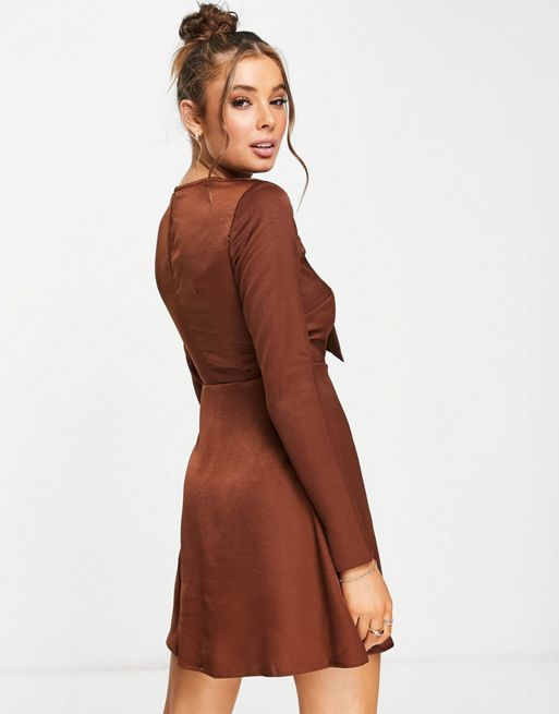 Brown Satin Dress, Mini Skater Dress, Satin Dress Mini, Brown