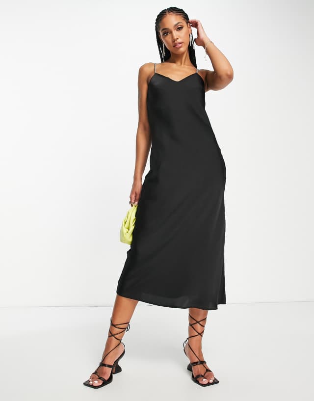 Lola May diamante strap midi slip dress in black