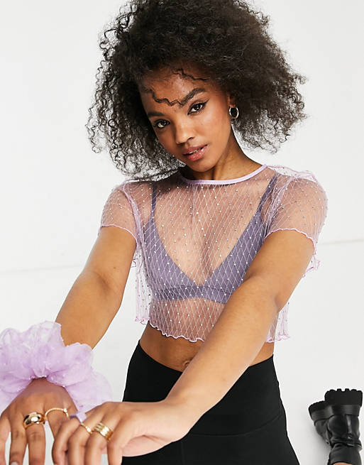 Tops Lola May diamonte crop top in lilac 
