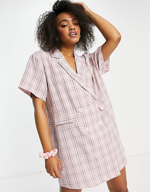 Lola May double breasted blazer dress in pink check