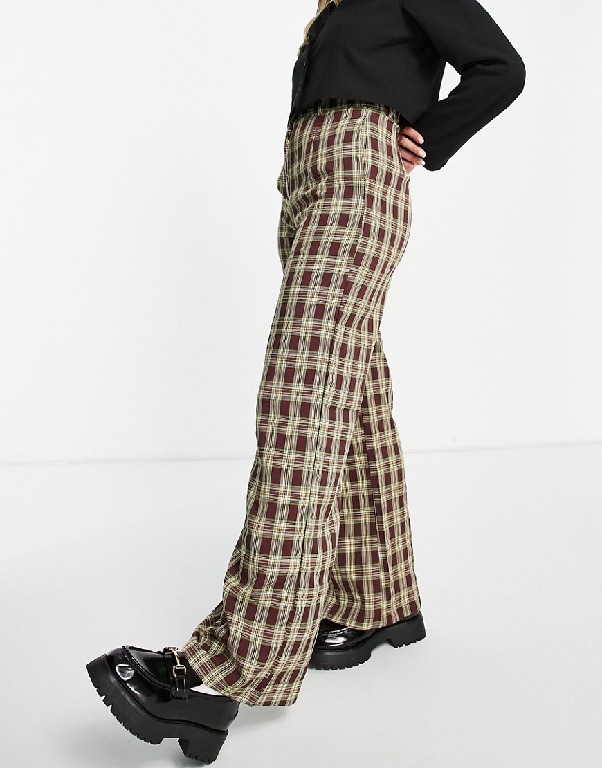 Lola May - Elegante broek met wijde pijpen en neutrale ruiten, deel van combi-set-Veelkleurig