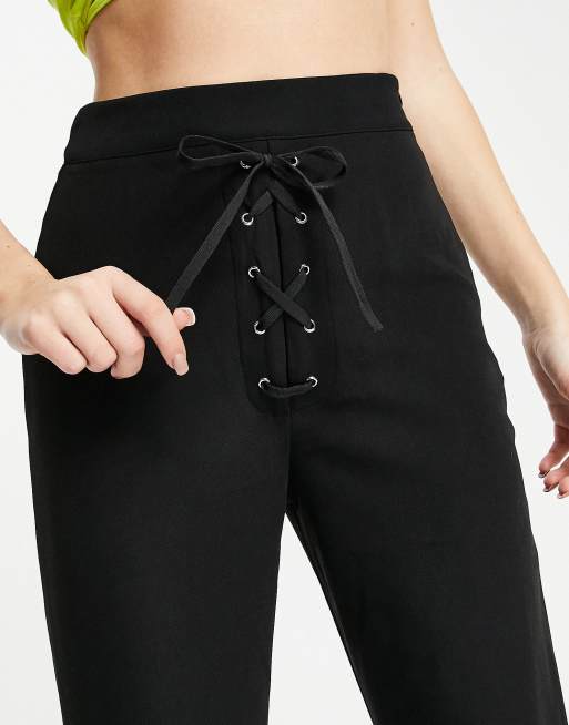 Lola May eyelet lace up front wide leg trousers in black, 3 of 4