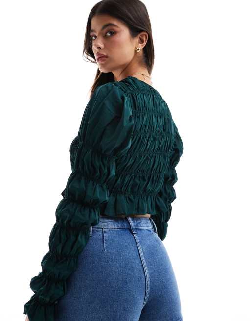 Lola May gathered satin long sleeve crop top, 2 of 4