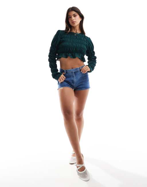 Lola May gathered satin long sleeve crop top, 3 of 4