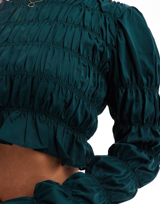 Lola May gathered satin long sleeve crop top, 4 of 4