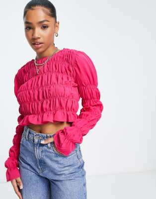 Lola May gathered satin long sleeve crop top