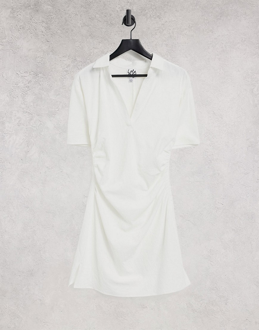 Lola May gathered waist V-neck mini dress in white