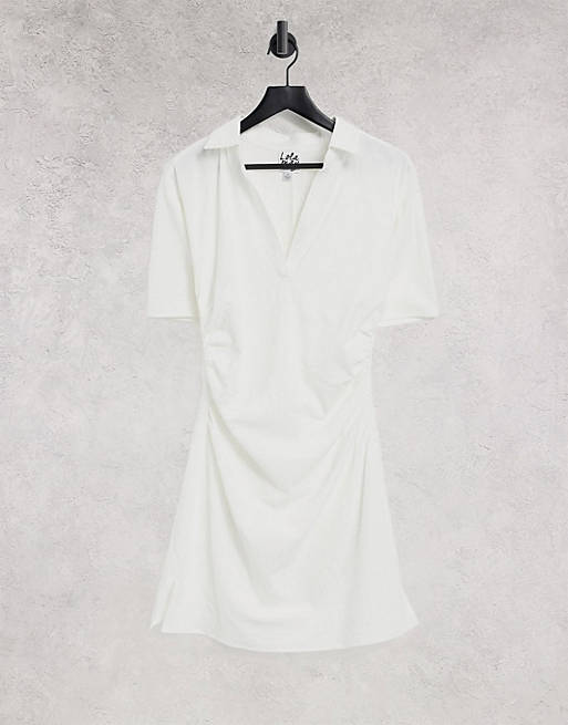 Lola May gathered waist v neck mini dress in white
