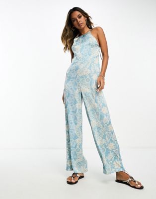 Lola May halter neck satin wide leg jumpsuit in blue paisley print