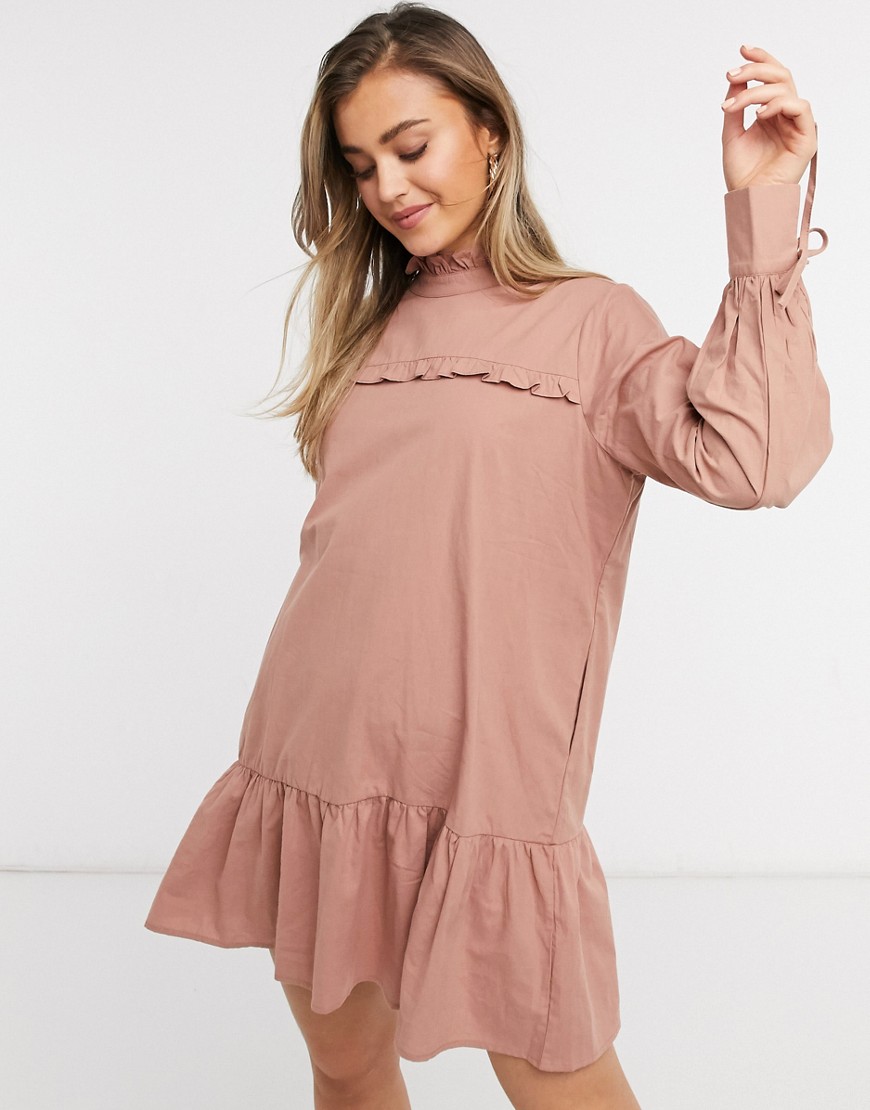 Lola May high neck dress with drop hem with ruffle detail-Pink