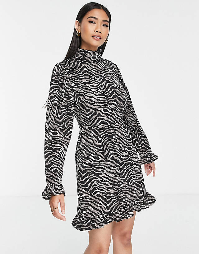 Lola May - high neck frill hem mini dress in zebra print