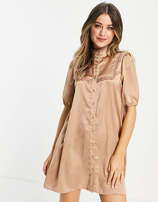Lola May high neck satin mini dress in taupe