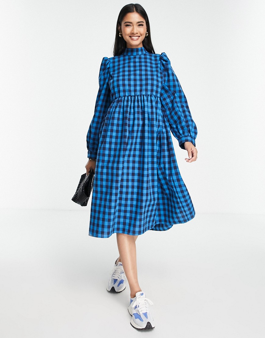 Lola May high neck smock dress in blue check-Black