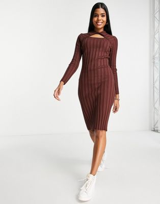 Lola May knitted midi dress with cut-out detail in chocolate brown