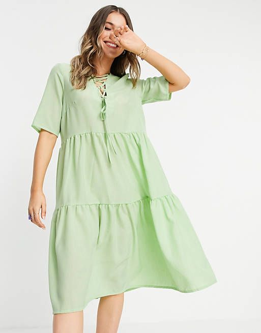 Lola May lace up front tiered midi smock dress in wasabi green